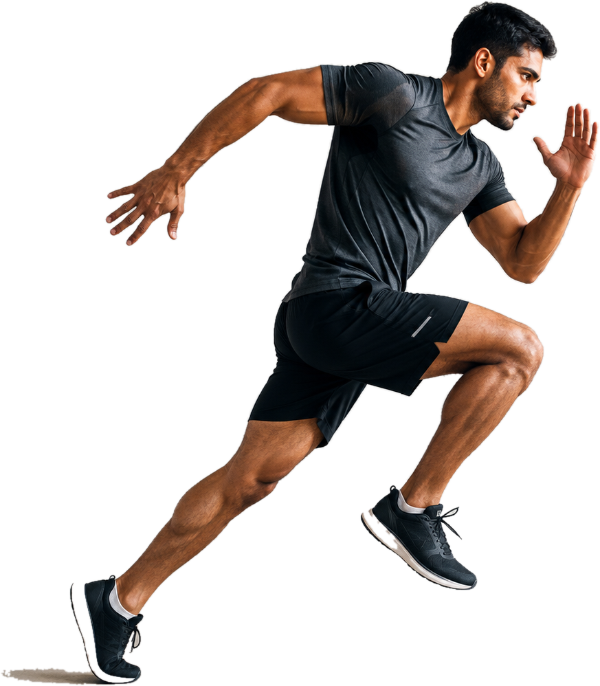 A man running at full stride in training kit